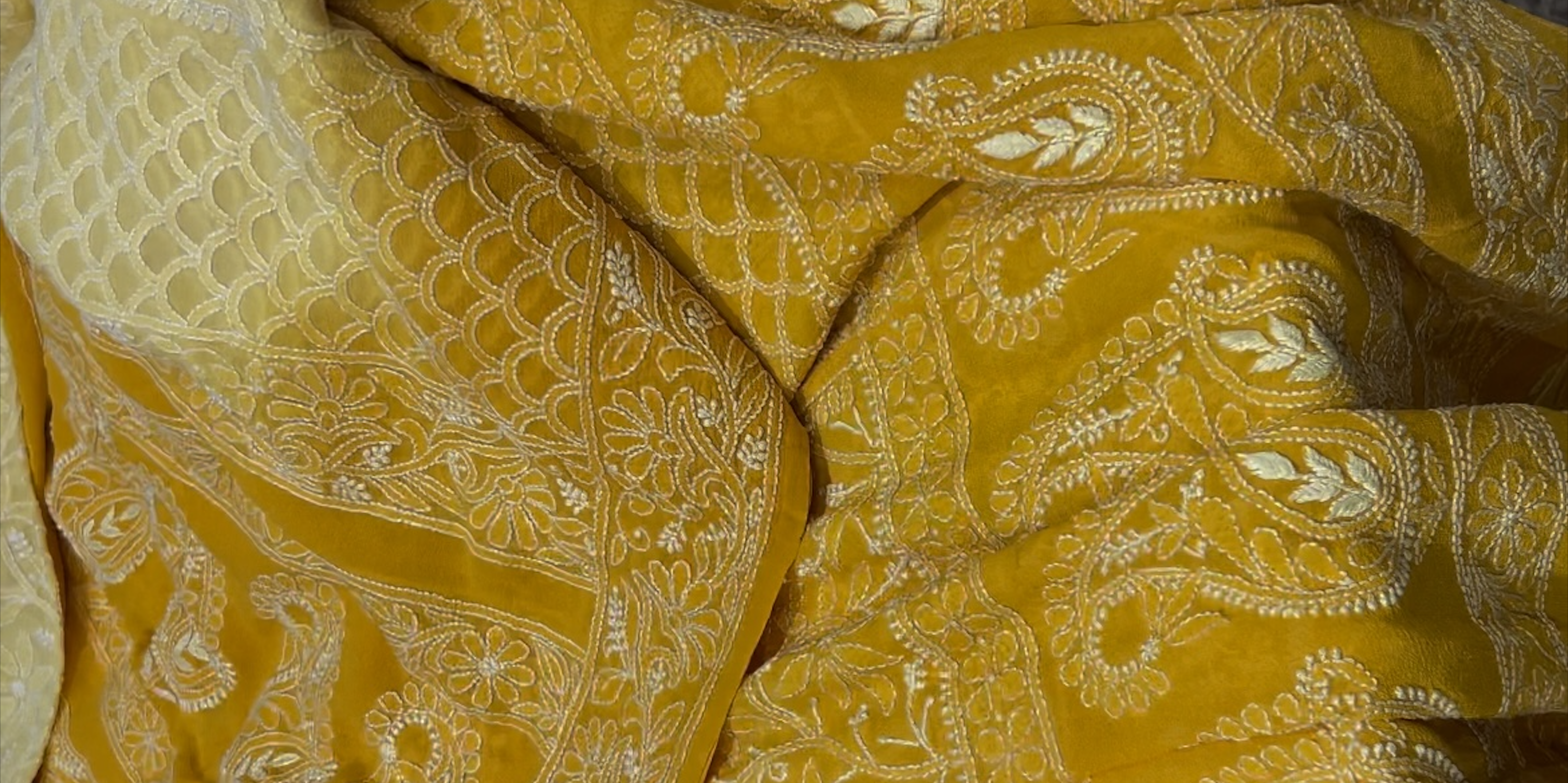 yellow chikankari sari